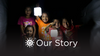 Children smiling holding lanterns to light up the dark, with text that says our story. 
